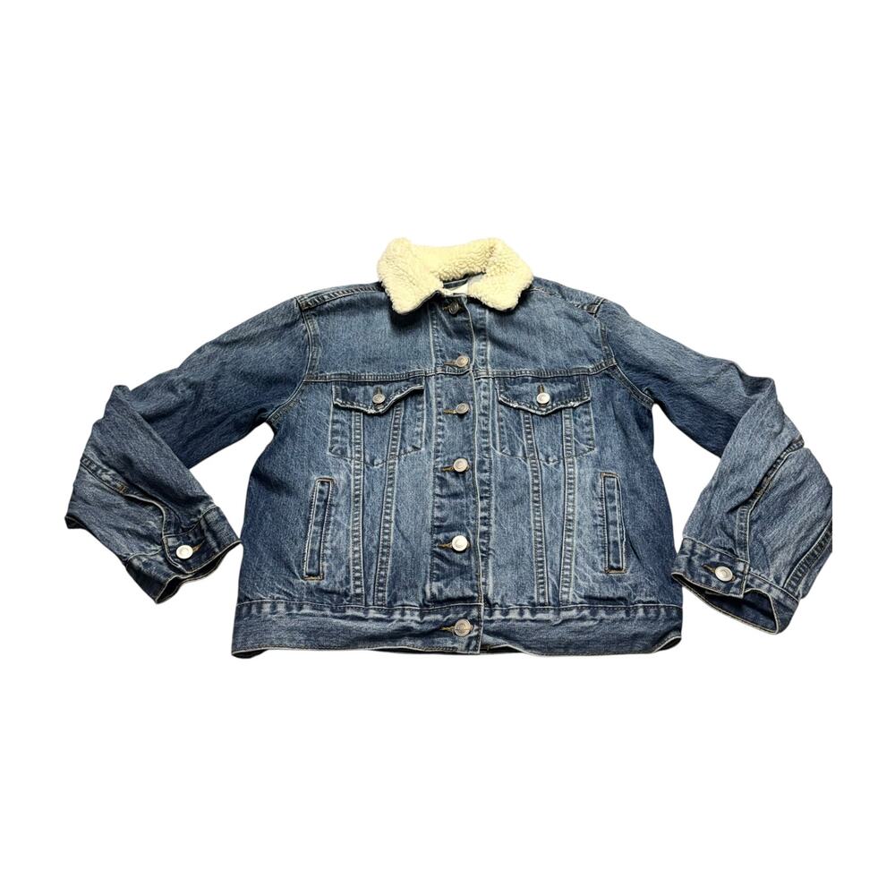 Unveil Sherpa Collar Denim Trucker Jacket Medium Blue Wash Fleece Lined - Picture 3 of 8